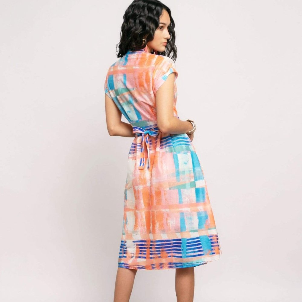 Eva Franco Poppy Wrap Knit Summer Dress Multi Color Plaid - Picture 5 of 6